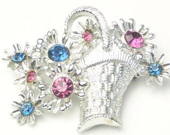 Signed DODDS Spring Flower Basket Brooch Pink & Blue Rhodium Plate Vintage 1960's Costume Jewelry Pin Gift For Her