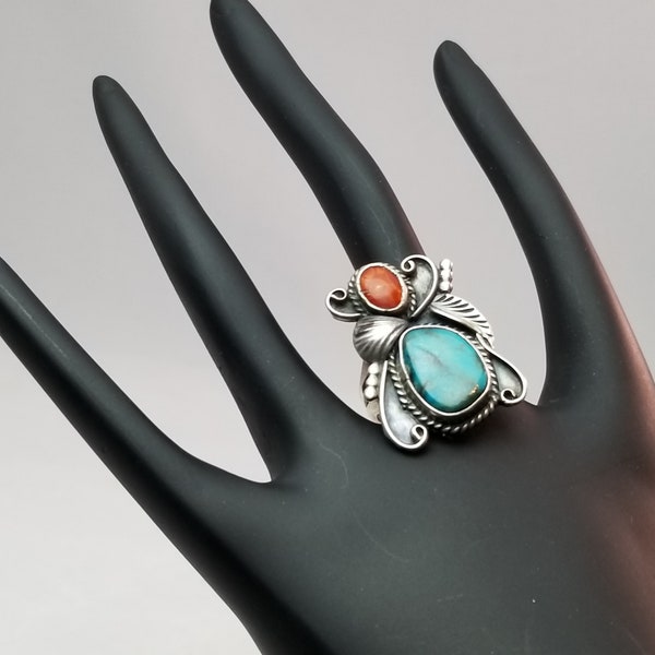 Large Sterling Silver Ring, Bezel Set Turquoise & Carnelian,  South Western Design,  Vintage Fine Jewelry