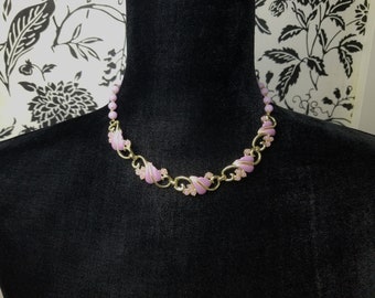 Lilac Enamel Leaves with Frosted Lilac Lucite Balls & Textured Beads Vintage Choker Necklace, 1950's Vintage Costume Jewelry sb