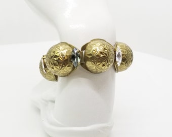 Signed Anton Heunis Designer, Vintage Gold Geometric Designs on Domed Panels Bracelet - Navette Rhinestones in Silver & Clear