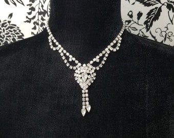 Vintage Pear Cut & Round Cut Rhinestones on a Abstract Heart w/ Dangles, Choker Necklace, Costume Jewelry