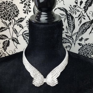 Runway, Statement, Rhinestone Encrusted Angel Wing Choker Necklace, Round Cut, Shiny Silver Tone Metal, Costume Jewelry, SB