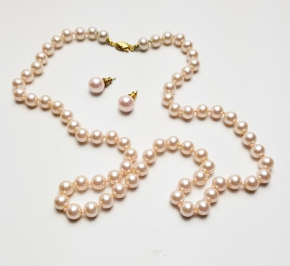 Marvella Simulated Pink Pearl Necklace Pierced Earrings, Vintage