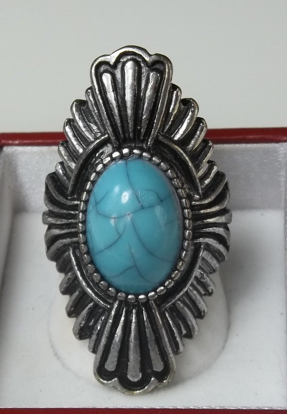 Bold Statement Ring, Large Oval Turquoise Blue Gl… - image 5