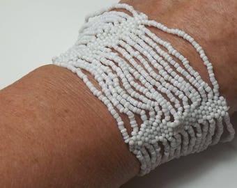 1960's Handmade Vintage  Bracelet, Winter White Seed Beads 14 Strands, Costume Jewelry Gift For Her