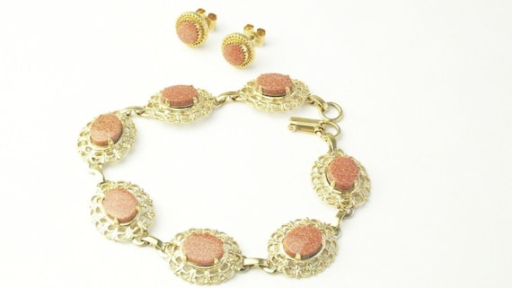 A Glass Goldstone Bracelet & Earrings, Gold Filig… - image 1