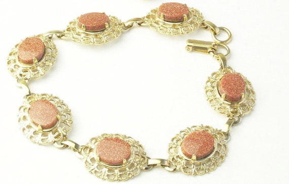 A Glass Goldstone Bracelet & Earrings, Gold Filig… - image 2