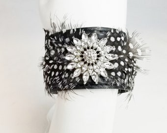 Vintage Wide Cuff Black & White Spotted Feather Bracelet with Rhinestone Flower Center, Boho Style sb