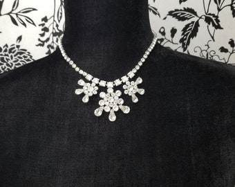 Vintage Tear Drop, Square & Round Cut Rhinestones on Rhodium Plated Art Deco Statement Choker Necklace, Costume Jewelry