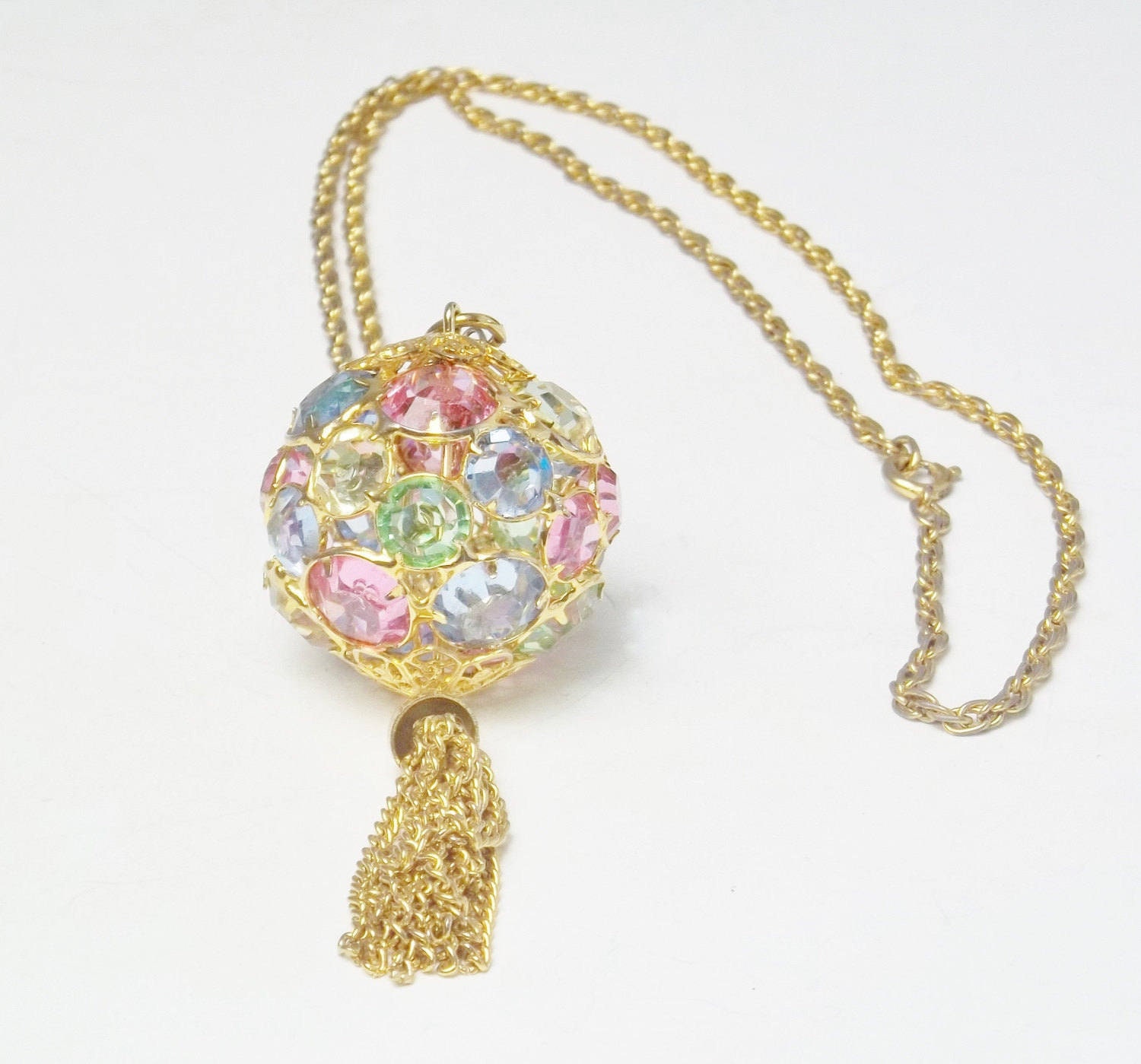Vintage Necklace Gold & Rhinestone Disco Ball. Chain Tassel Etsy
