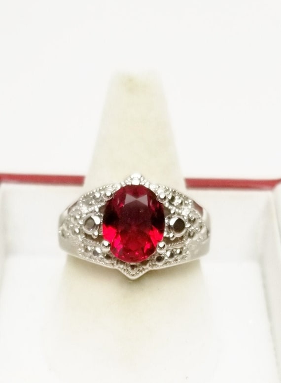 Oval Cut Ruby Red Glass Crystal Vintage Ring, July