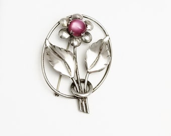 Vintage 1950's BROOCH Cottage Chic Sterling Silver Pink Cats Eye Large Flower Mid Century Moonstone Gift For Her