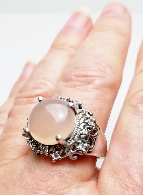 Signed Karis Simulated Moonstone Ring: Silver Ton… - image 9