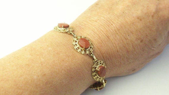 A Glass Goldstone Bracelet & Earrings, Gold Filig… - image 3