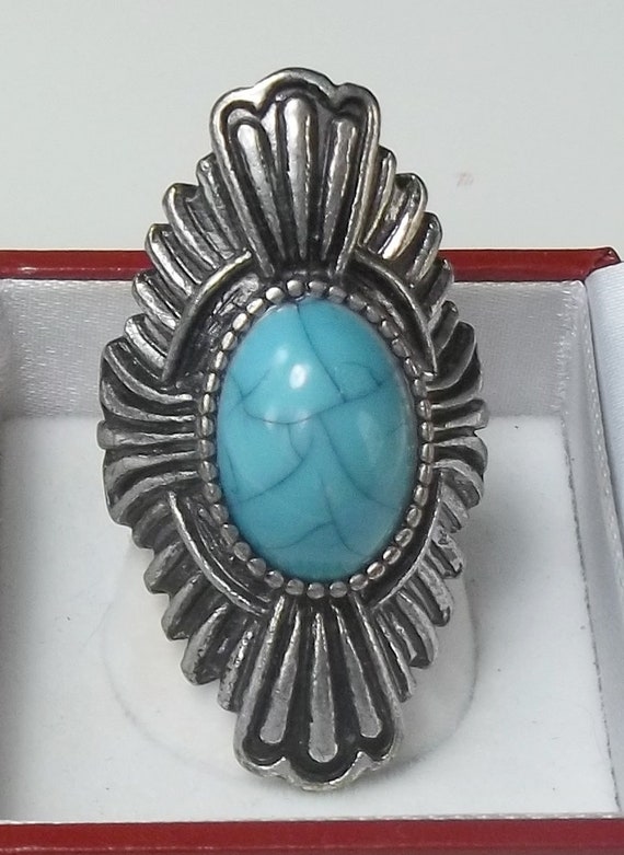 Bold Statement Ring, Large Oval Turquoise Blue Gl… - image 2