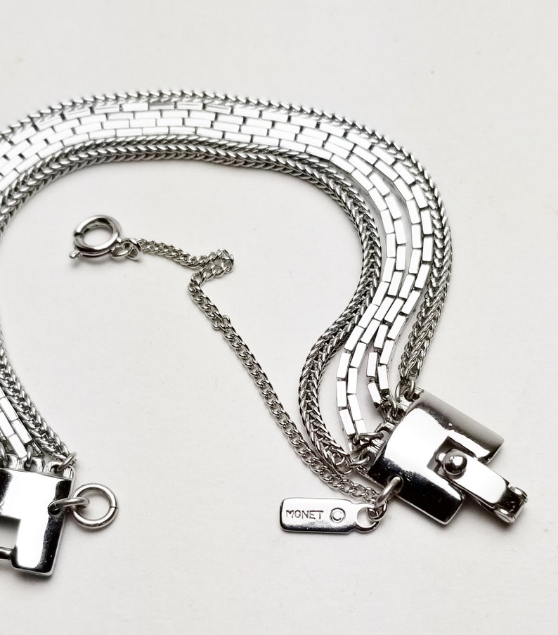 Vintage Costume Jewelry Gift For Her Signed Monet 4 Strand Boston /& Brazilian Chains Rhodium Plate Bracelet