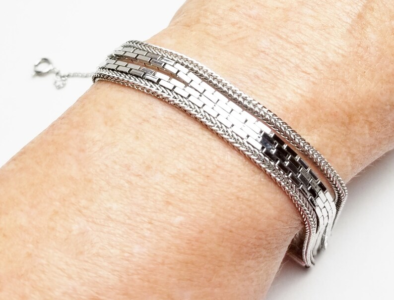 Vintage Costume Jewelry Gift For Her Signed Monet 4 Strand Boston /& Brazilian Chains Rhodium Plate Bracelet
