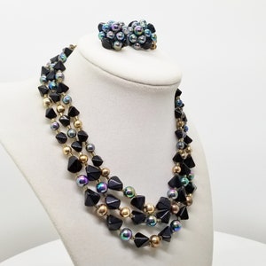 Vintage Japan Glass Bead Triple Strand Necklace & Matching Clip Earrings, Costume Jewelry Set Gift For Her