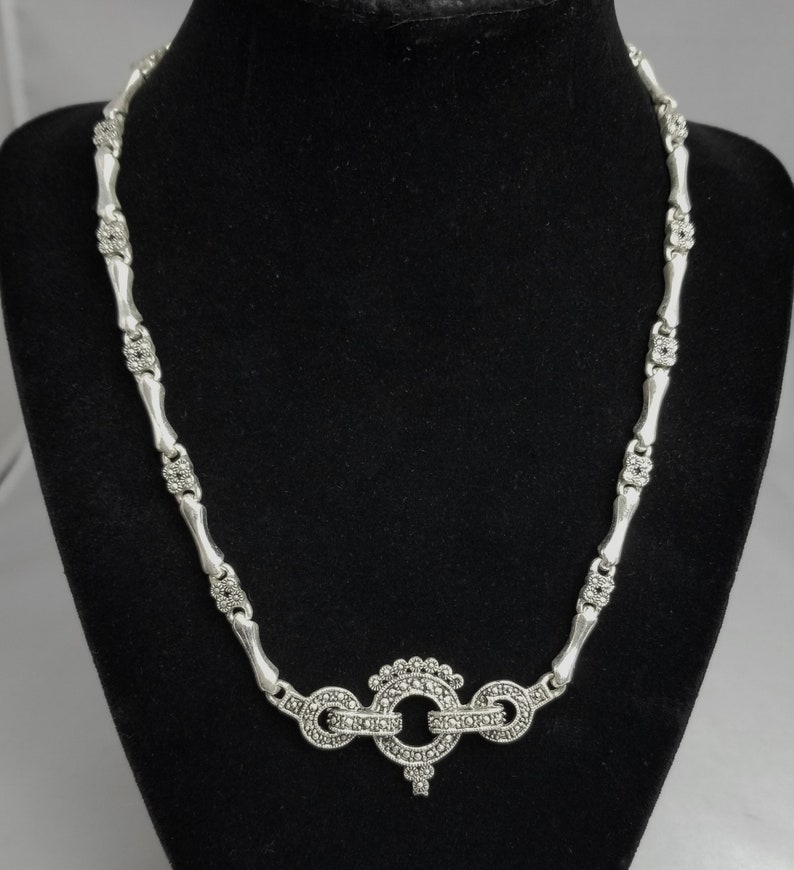 Silver Metal Egyptian Revival Marcasite Style Choker Necklace, 1970's Vintage Costume Jewelry on Etsy image 2