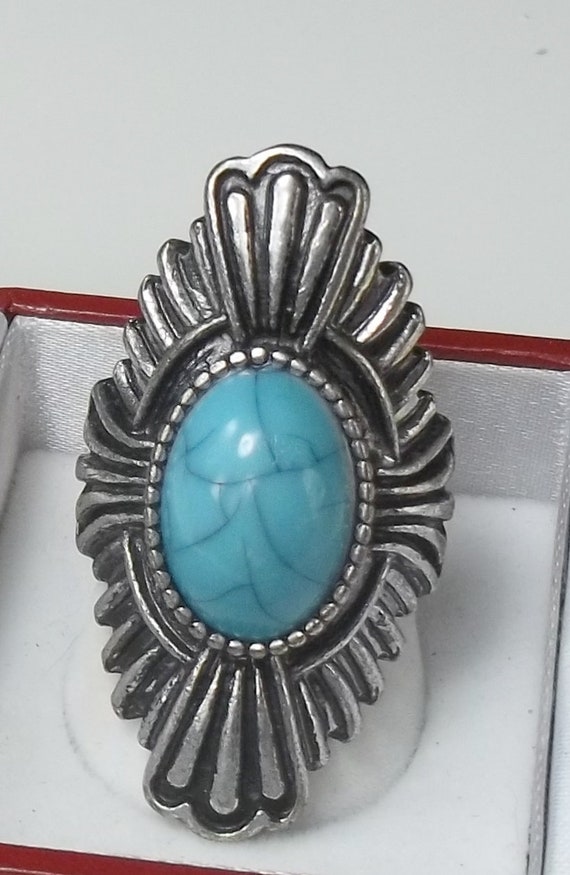 Bold Statement Ring, Large Oval Turquoise Blue Gl… - image 3