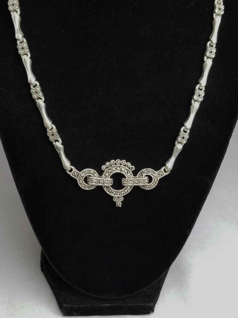 Silver Metal Egyptian Revival Marcasite Style Choker Necklace, 1970's Vintage Costume Jewelry on Etsy image 1