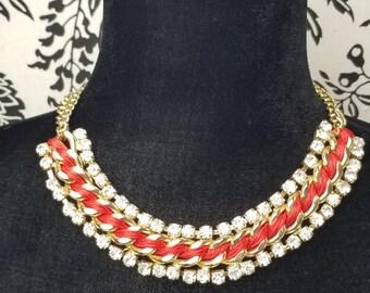 Large Rhinestone & Red Cord Heavy Gold Chain Statement Necklace 1970's Costume Jewelry