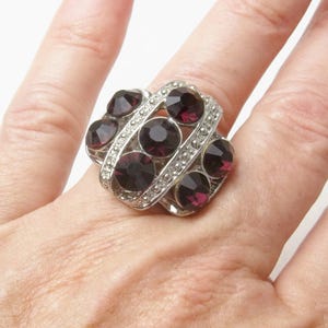 Vintage  Adjustable Statement Ring. Purple Amethyst Rhinestones, Bold 1980&#39;s Costume Jewelry