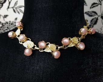 Vintage Choker Necklace Coro Style, Frosted Cream Enamel Leaves, Pink Faux Moonstones on Gold Paneled Bar Book Link Chain SB