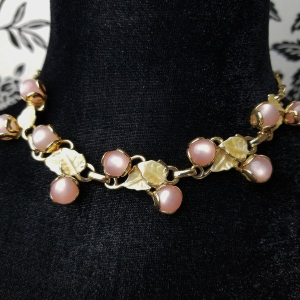 Vintage Choker Necklace Coro Style, Frosted Cream Enamel Leaves, Pink Faux Moonstones on Gold Paneled Bar Book Link Chain SB