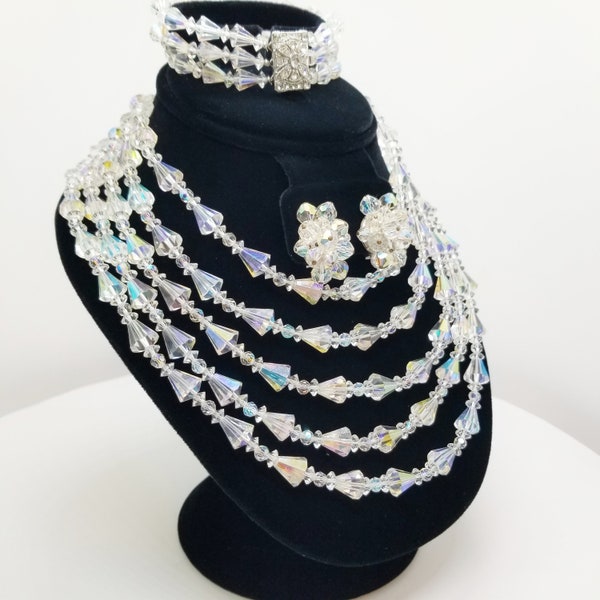 Mid 1950's Swarovski AB Crystals 5 Strand Choker Necklace, 3 Strand Bracelet & Matching Earrings Demi Parure Costume Jewelry Set