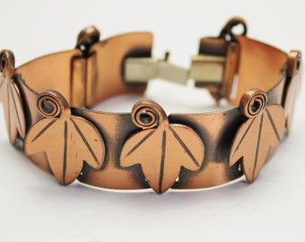 Vintage Francisco REBAJES Copper Leaf Panel Link Bracelet 1950's Modernist Costume Jewelry Gift For Her