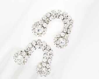 Rhodium Plated 1950's Vintage Shoe Clips, Large Round Cut Clear Rhinestones, Double Strand