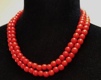 1950's Heavy Red Glass Beads Double Strand Necklace - Costume Jewelry Gift For Her Gift Under 50 Dollars on Etsy