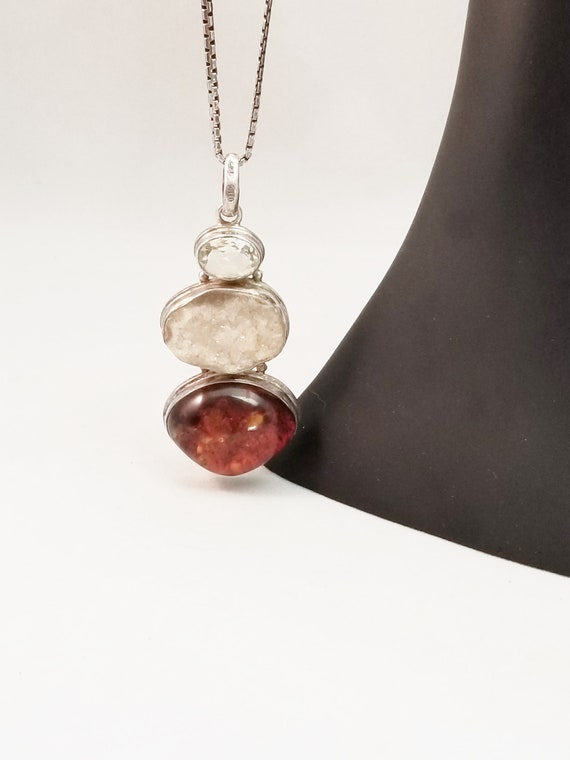 Sterling Silver Chain with Amber, White Druzy Geod