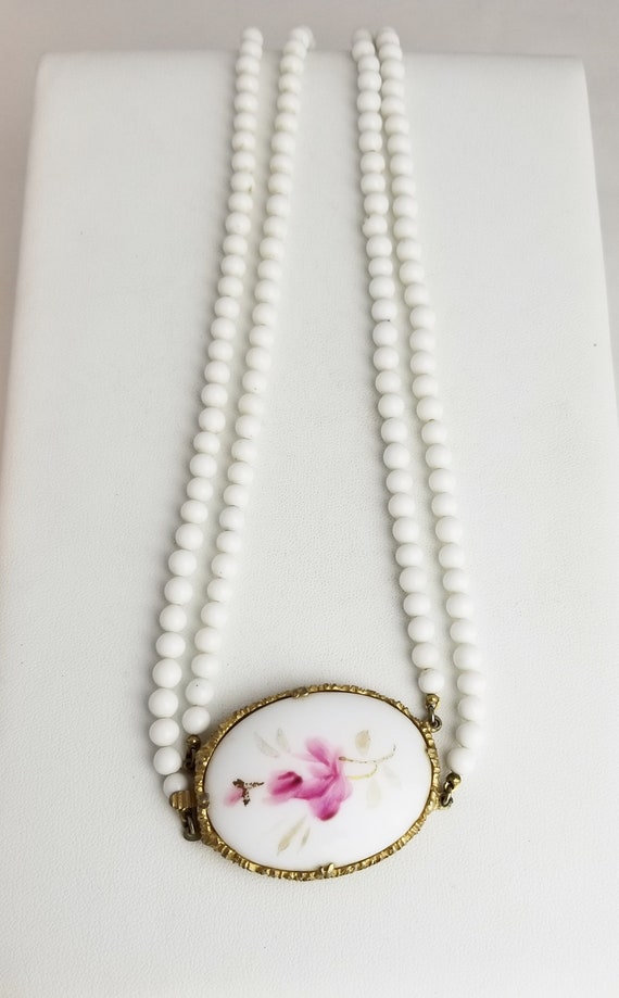 Milk White Glass Beads & Porcelain Pink Flower Pen