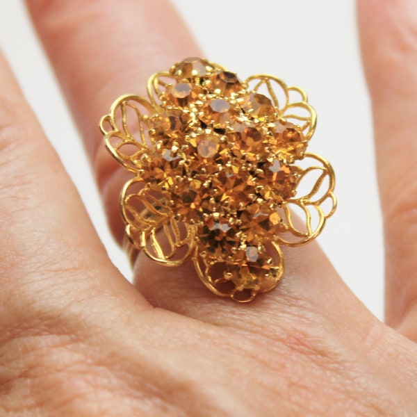 Golden Rhinestones on Lacey Setting, Adjustable Size Vintage Statement Ring, Costume Jewelry Gift For Her on Etsy