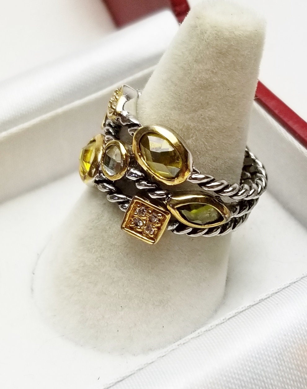 Triple Rope Band Vintage Ring, Horizontal Stone Citrine Color