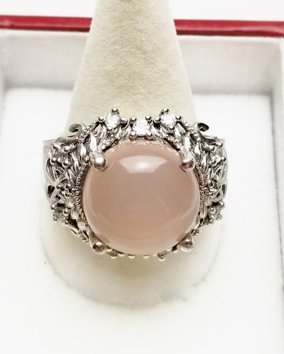 Signed Karis Simulated Moonstone Ring: Silver Ton… - image 6