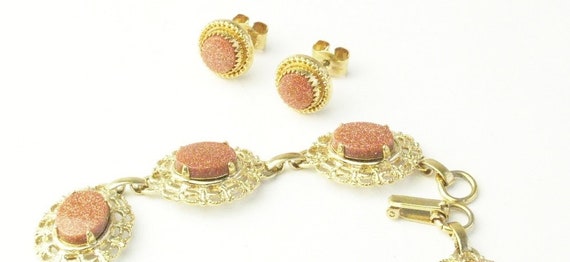 A Glass Goldstone Bracelet & Earrings, Gold Filig… - image 5
