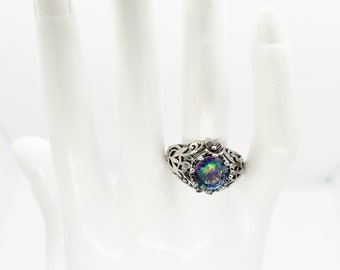Swarovski Mystic Rainbow Crystal Vintage Ring, Rhodium Plated, Scottish Thistle Design, Costume Jewelry Gift For Her