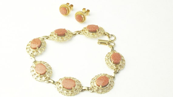 A Glass Goldstone Bracelet & Earrings, Gold Filig… - image 7