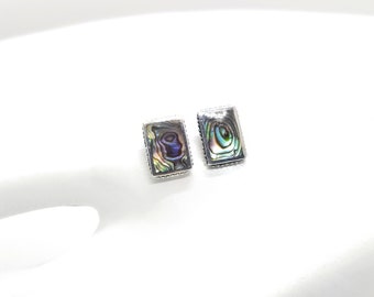 Sterling Silver & Bezel Set Abalone Shell Pierced Post Earrings Vintage 1970's - Fine Jewelry Gift For Her