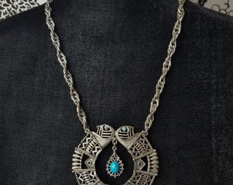Vintage Egyptian Revival Style Pendant Necklace, Turquoise Blue Glass Dangle Chunky Costume Jewelry on Etsy