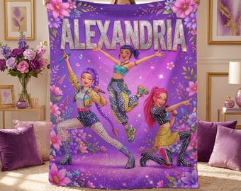 Personalized Pop Star Blanket for Girls, Custom Name Music Singer Soft Flannel Throw, Sparkle Purple Girl Group Kids Birthday Gift Idea