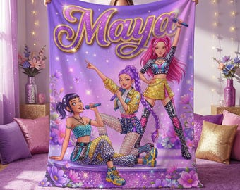 Personalized Pop Star Blanket for Girls, Custom Name Music Singer Soft Flannel Throw, Sparkle Purple Girl Group Kids Birthday Gift Idea