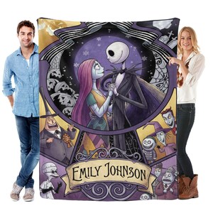 May include: A plush blanket featuring Jack Skellington and Sally from The Nightmare Before Christmas, with a purple and yellow background. The blanket has a personalized banner that reads "Emily Johnson".