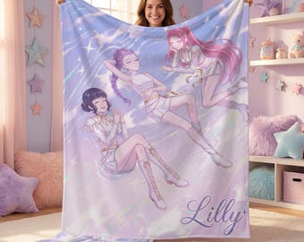 Personalized Anime Girl Flannel Blanket Custom Magical Girl Throw Kawaii Pastel Room Decor Anime Lover Gift Custom Name Teen Bedding