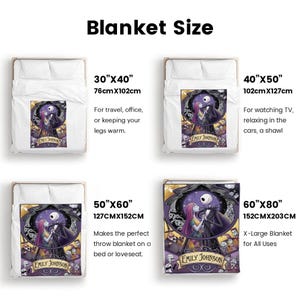 May include: A white blanket with a colorful graphic of a couple in front of a purple background. The blanket sizes are 30"x40", 40"x50", 50"x60", and 60"x80". Text on the image reads "Blanket Size" and "Emily Johnson".