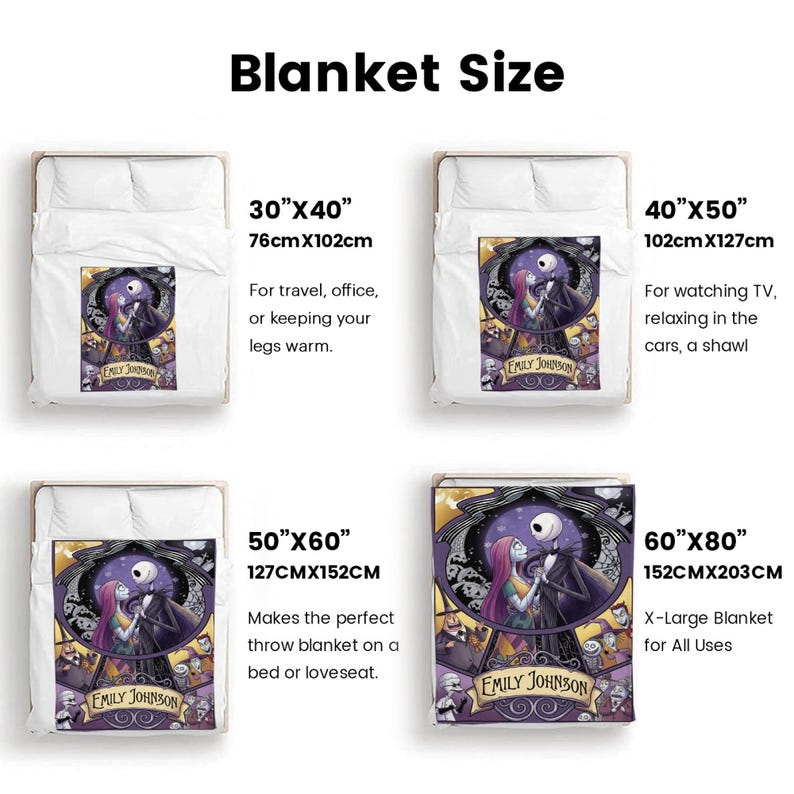 May include: A white blanket with a colorful graphic of a couple in front of a purple background. The blanket sizes are 30"x40", 40"x50", 50"x60", and 60"x80". Text on the image reads "Blanket Size" and "Emily Johnson".
