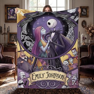 ersonalized Jack and Sally Flannel Blanket, Custom Name Spooky Gothic Couple Throw, Nightmare Before Christmas Movie Lover Winter Gift image 2